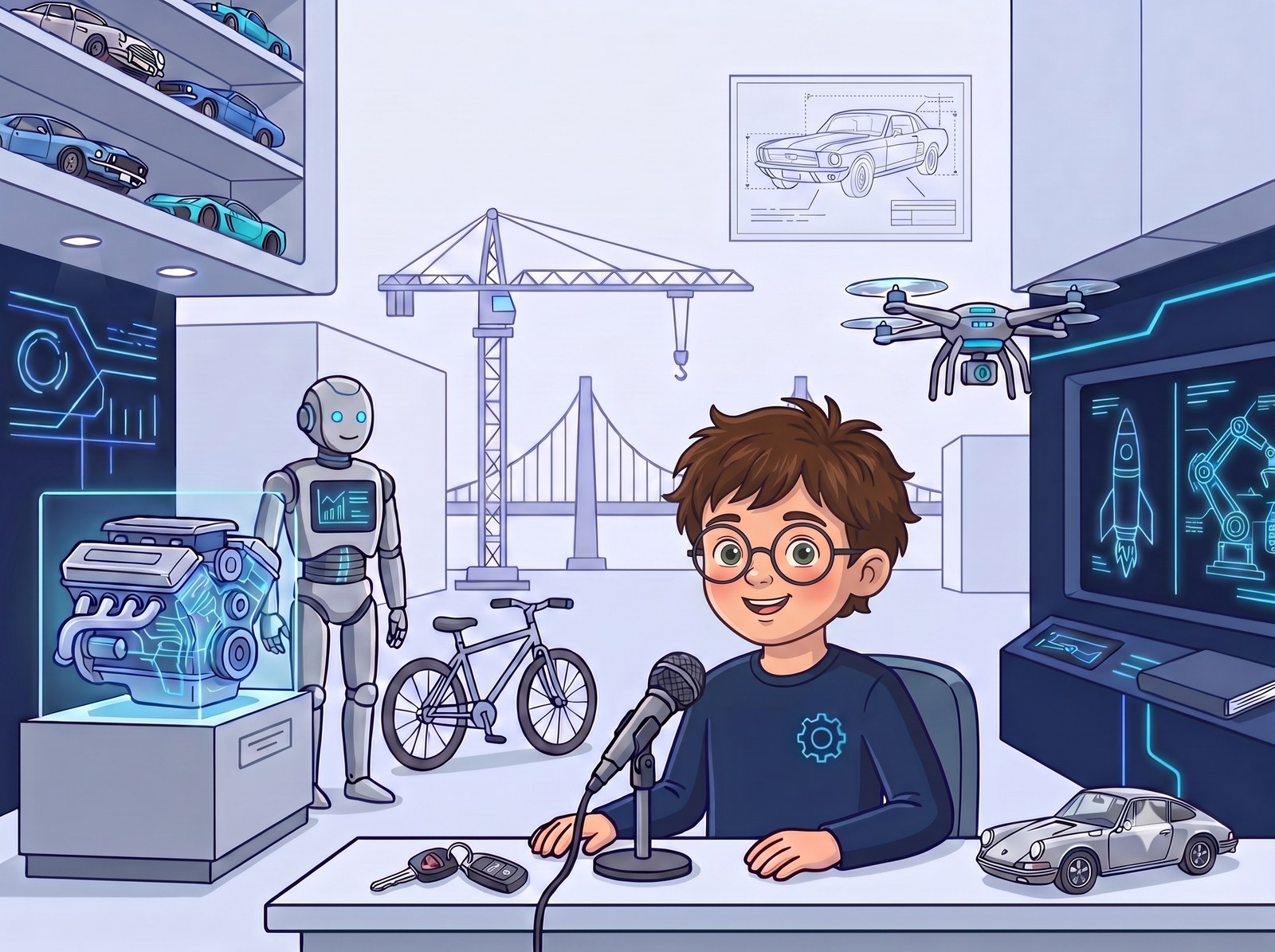 Mathias at a podcast microphone in a bright studio, surrounded by the machines he explores: a car engine, a humanoid robot, a construction crane and bridge, a drone, a bicycle, a rocket and cars