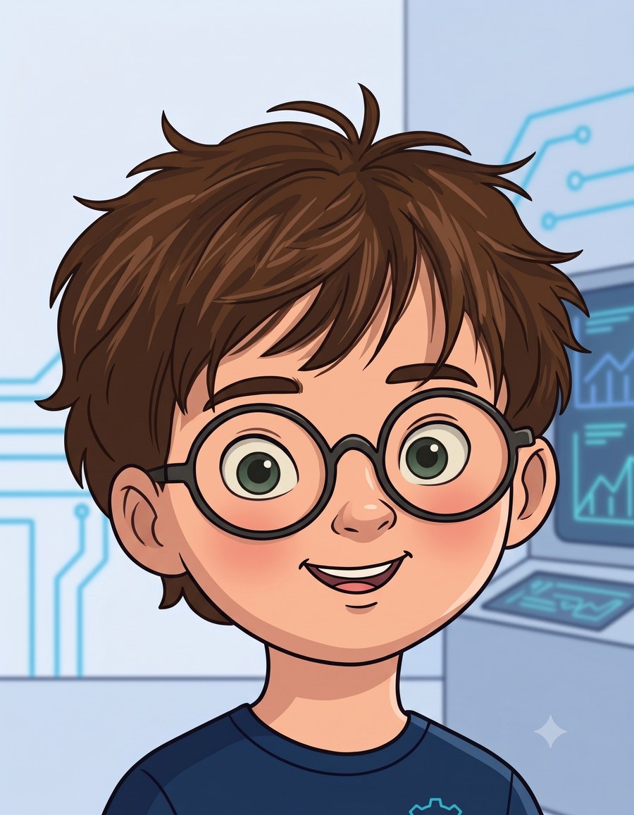 Mathias, the show's host, a curious seven-year-old in round glasses and a gear t-shirt